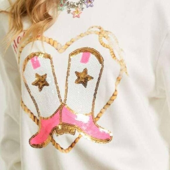Cowgirl Rope Print With Sequin Boots Sweater - Picture 5 of 8